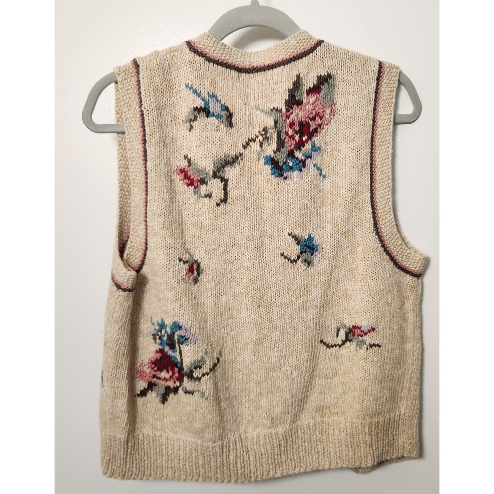 Vintage Pronto Moda Beige Hand Knit Floral‎ Vest Button Front V-Neck Size Medium View 4